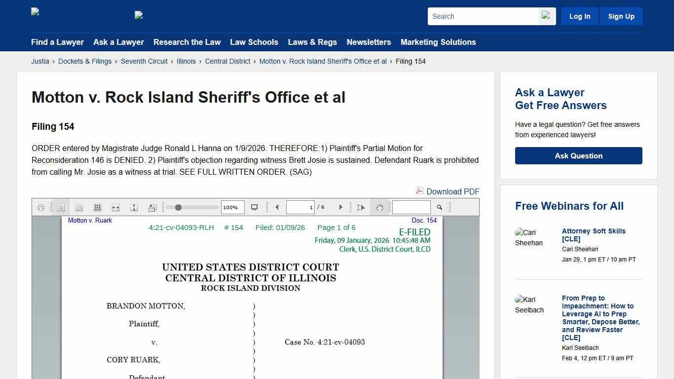ORDER entered by Magistrate Judge Ronald L Hanna on 1/9/2026 for Motton v. Rock Island Sheriff's Office et al :: Justia Dockets & Filings